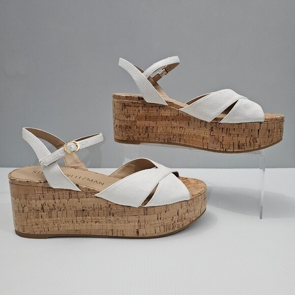 NEW Stuart Weitzman Carmen Midi Wedge Sz 9.5 Sandal Platform White Leather Cork - Picture 3 of 14